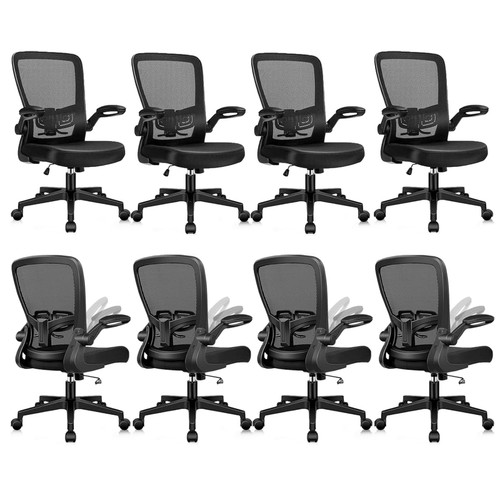  (8PK) Office Desk Chairs with Wheels, Ergonomic Mesh Chair with Adjustable Height Lumbar Support, Rolling Swivel Computer Task Chair with Flip Up Armrests for Home, Study, Conference, Black 