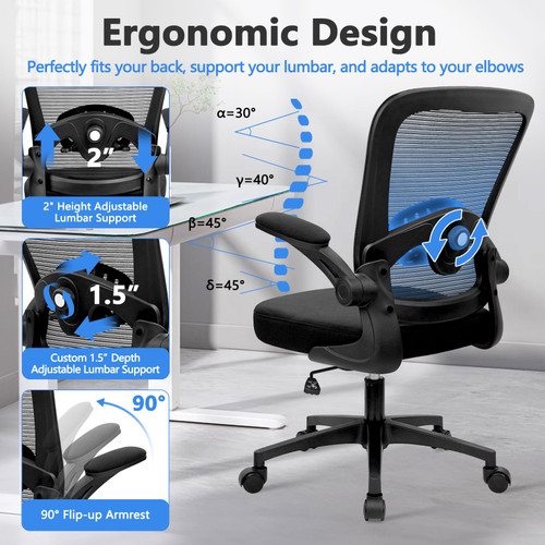 (8PK) Home Office Desk Chair with Flip Up Armrests, Mesh Back Chair with Adjustable Height Lumbar Support, Ergonomic Computer Task Chair with Wheels for School, Conference, Black