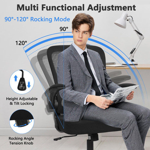 (8PK) Home Office Desk Chair with Flip Up Armrests, Mesh Back Chair with Adjustable Height Lumbar Support, Ergonomic Computer Task Chair with Wheels for School, Conference, Black