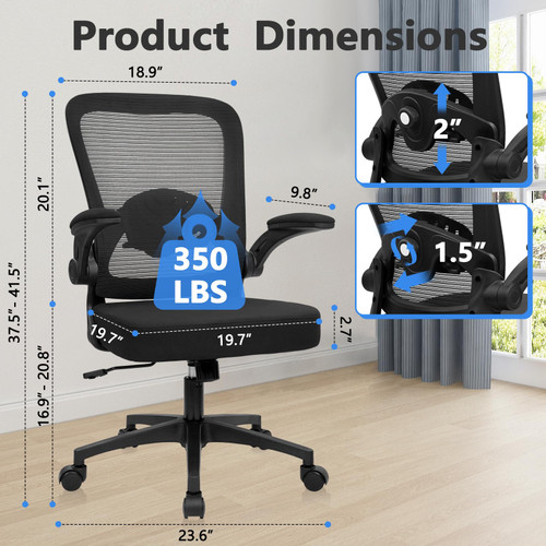 (8PK) Home Office Desk Chair with Flip Up Armrests, Mesh Back Chair with Adjustable Height Lumbar Support, Ergonomic Computer Task Chair with Wheels for School, Conference, Black