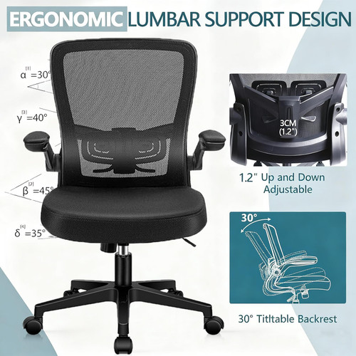 (12PK) Office Desk Chairs with Wheels, Ergonomic Mesh Chair with Adjustable Height Lumbar Support, Rolling Swivel Computer Task Chair with Flip Up Armrests for Home, Study, Conference, Black 