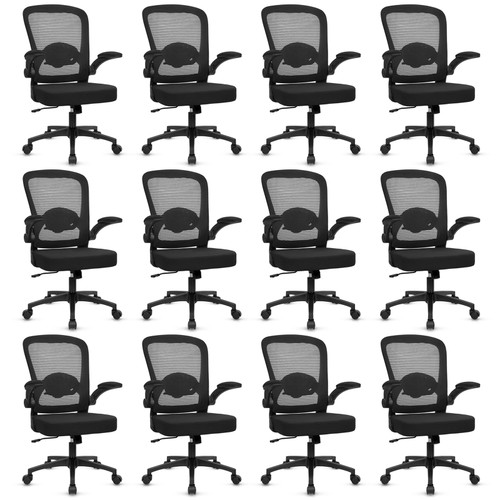 (12PK) Home Office Desk Chair with Flip Up Armrests, Mesh Back Chair with Adjustable Height Lumbar Support, Ergonomic Computer Task Chair with Wheels for School, Conference, Black