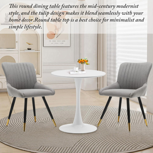  White Round Dining Table, 27.6" Tulip Table Kitchen Round Dining Table for 1-2 People with MDF Table Top and Metal Pedestal Base, Mid-Century Leisure Table for Home, Dining Room, Cafe