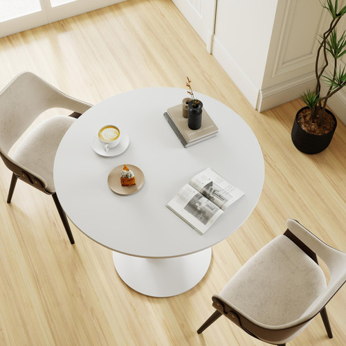  White Round Dining Table, 27.6" Tulip Table Kitchen Round Dining Table for 1-2 People with MDF Table Top and Metal Pedestal Base, Mid-Century Leisure Table for Home, Dining Room, Cafe
