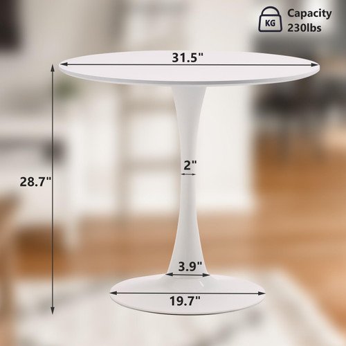 White Round Dining Table, 31.5" Circle Tulip Table Kitchen Round Dining Table for 2-4 People with Thickened Top and Metal Pedestal, Mid Century Leisure Table for Home, Dining Room, Cafe
