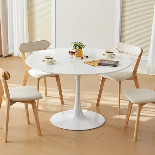 43.5" Tulip Table, Round Dining Table with Thickened Tabletop & Metal Pedestal, Mid Century Modern Bistro Circle Table for Kitchen, Small Places, Living Room, Cafe (White)