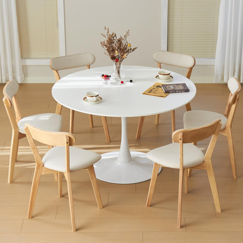 43.5" Tulip Table, Round Dining Table with Thickened Tabletop & Metal Pedestal, Mid Century Modern Bistro Circle Table for Kitchen, Small Places, Living Room, Cafe (White)