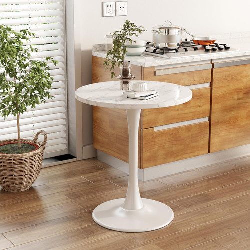 White Marble Round Dining Table 24" Circle Tulip Table with Thickened Tabletop & Sturdy Metal Pedestal Mid Century Modern Leisure Bistro Kitchen Tables 2 People Small Places Living Room Cafe