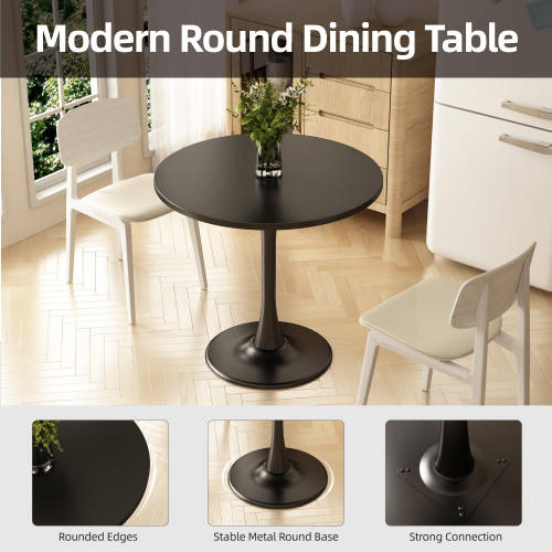 Round Dining Table 30" Circle Tulip Table with Wood Thickened Tabletop & Sturdy Metal Pedestal Mid Century Modern Leisure Bistro Kitchen Tables 4 People Small Places Living Room Cafe,Black