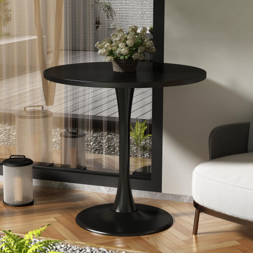 Round Dining Table 30" Circle Tulip Table with Wood Thickened Tabletop & Sturdy Metal Pedestal Mid Century Modern Leisure Bistro Kitchen Tables 4 People Small Places Living Room Cafe,Black