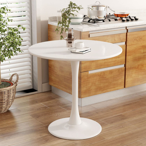 Round Dining Table 31.5" Circle Tulip Table with Wood Thickened Tabletop & Sturdy Metal Pedestal Mid Century Modern Leisure Bistro Kitchen Tables 4 People Small Places Living Room Cafe,White