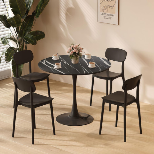 24" Tulip Table for 1-2 Persons Modern Round Dining Table, Mid-Century Modern Black Marble Small Kitchen Table with MDF Wooden Top, Leisure Coffee Table for Living Room, Dining Room, Office