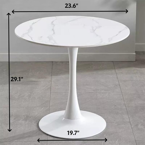 24" Tulip Table for 1-2 Persons Modern Round Dining Table, Mid-Century Modern White Marble Small Kitchen Table with MDF Wooden Top, Leisure Coffee Table for Living Room, Dining Room, Office