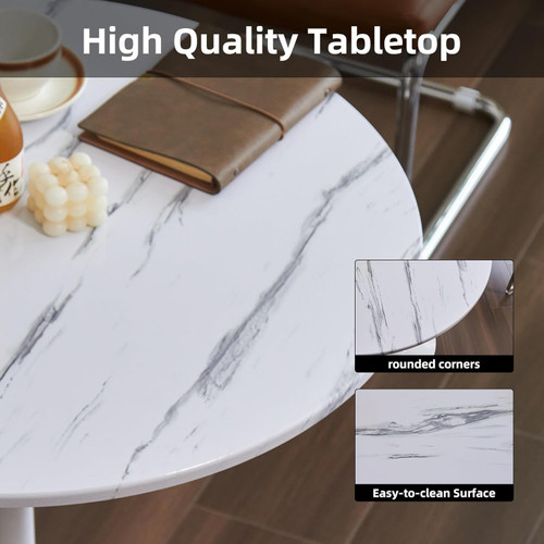 Round Dining Table, 24" Circle Tulip Table with Thickened Tabletop & Metal Pedestal, Mid Century Modern Bistro Table for Kitchen, Small Places, Living Room, Cafe (Marble White)