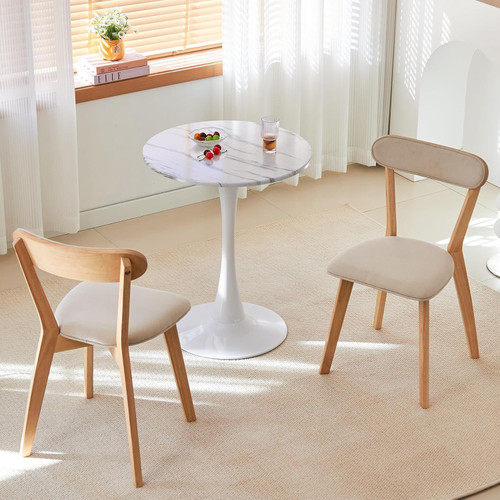 Round Dining Table, 24" Circle Tulip Table with Thickened Tabletop & Metal Pedestal, Mid Century Modern Bistro Table for Kitchen, Small Places, Living Room, Cafe (Marble White)