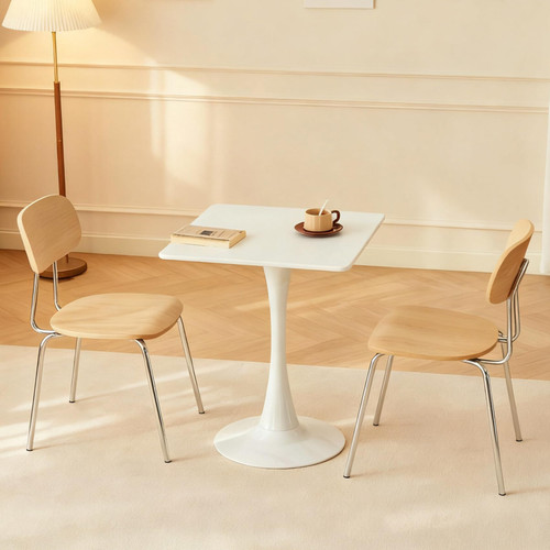 Square Dining Table, 24" Tulip Table with Thickened Tabletop & Metal Pedestal, Mid Century Modern Bistro Table for Kitchen, Small Places, Living Room, Cafe (White)
