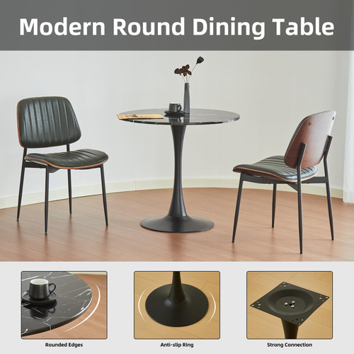 Round Dining Table, 31.5" Circle Tulip Table with Thickened Tabletop & Metal Pedestal, Mid Century Modern Bistro Table for Kitchen, Small Places, Living Room, Cafe (Marble Pattern Black)