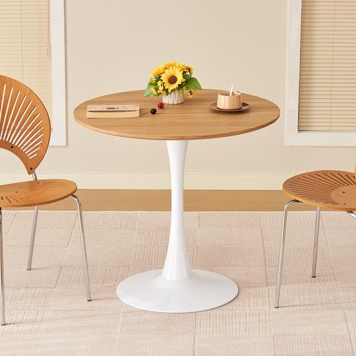 Round Dining Table, 31.5" Circle Tulip Table with Thickened Tabletop & Metal Pedestal, Mid Century Modern Bistro Table for Kitchen, Small Places, Living Room, Cafe (Faux Oak)