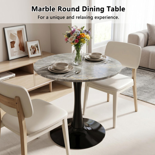 27.6" Marble Round Tulip Table, Mid-Century Modern Style Dining Table with Black Pedestal Base for 2-4 People, Featuring A Marble Tabletop for Kitchen, Dining Room, Cafe (Dark Grey)