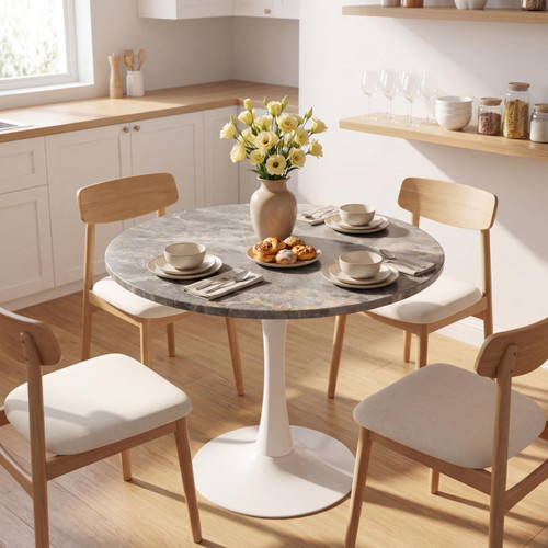 27.6" Marble Round Tulip Table, Mid-Century Modern Style Dining Table with White Pedestal Base for 2-4 People, Featuring A Marble Tabletop for Kitchen, Dining Room, Cafe (Dark Grey)