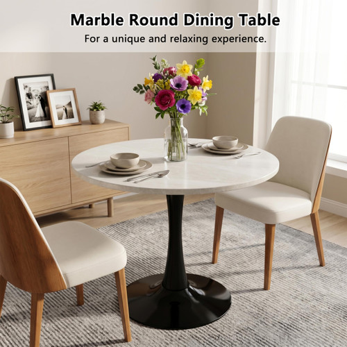 27.6" Marble Round Tulip Table, Mid-Century Modern Style Dining Table with Black Pedestal Base for 2-4 People, Featuring A Marble Tabletop for Kitchen, Dining Room, Cafe (Grayish White)