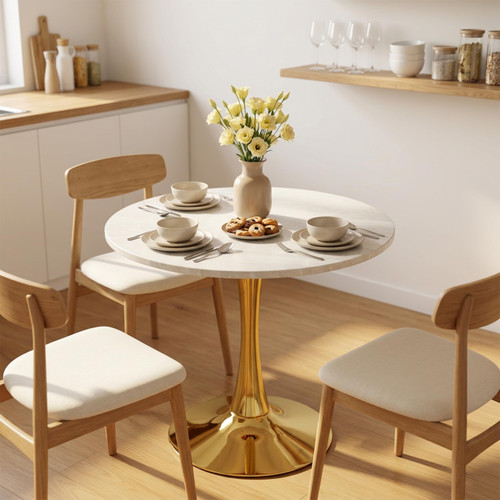 27.6" Marble Round Tulip Table, Mid-Century Modern Style Dining Table with Gold Pedestal Base for 2-4 People, Featuring A Marble Tabletop for Kitchen, Dining Room, Cafe (Grayish White)