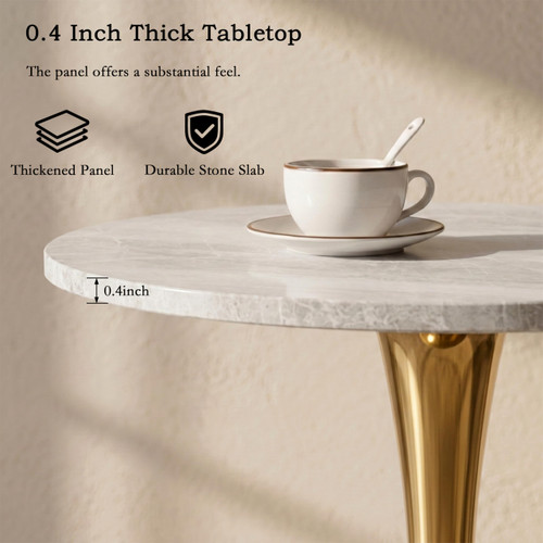 27.6" Marble Round Tulip Table, Mid-Century Modern Style Dining Table with Gold Pedestal Base for 2-4 People, Featuring A Marble Tabletop for Kitchen, Dining Room, Cafe (Grayish White)