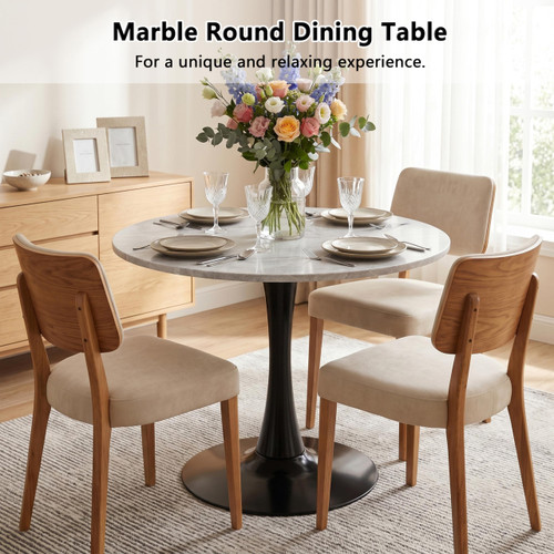 27.6" Marble Round Tulip Table, Mid-Century Modern Style Dining Table with Black Pedestal Base for 2-4 People, Featuring A Marble Tabletop for Kitchen, Dining Room, Cafe (Light Grey)
