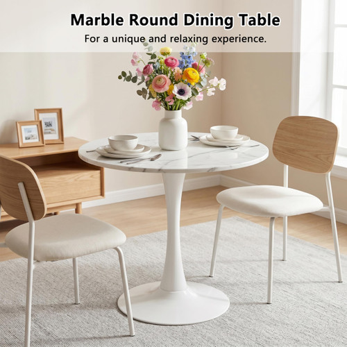 27.6" Marble Round Tulip Table, Mid-Century Modern Style Dining Table with White Pedestal Base for 2-4 People, Featuring A Marble Tabletop for Kitchen, Dining Room, Cafe (White)