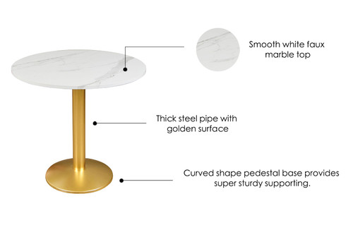 Round Modern Dinning Table 30 inches Bistro Tulip Table with White Faux Marble top Gold Sturdy Metal Frame,Easy Assemble,Diameter 30in*H28.54in