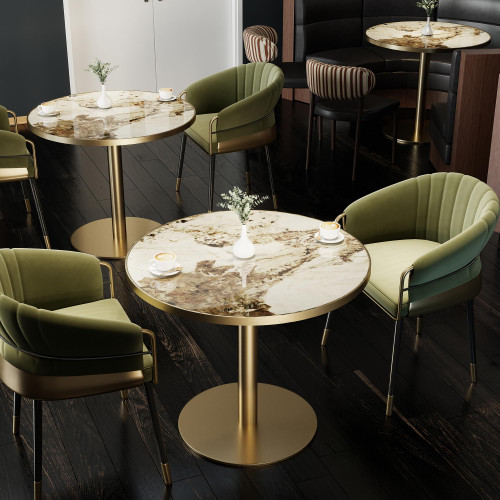 31.5" Tulip Table,Round Kitchen Dining Table for 2-4 with Thick Sintered Stone Top,Titanium Golden Pedestal Base,Heat-Resistant,Bistro Table for Dining Room,Café,Small Space（Cloud Amber）