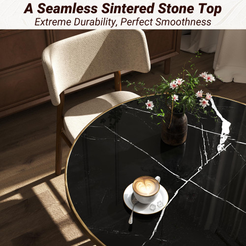 31.5" Tulip Table,Round Kitchen Dining Table for 2-4 with Thick Sintered Stone Top,Titanium Golden Pedestal Base,Heat-Resistant,Bistro Table for Dining Room,Café,Small Space（Inky Axis）