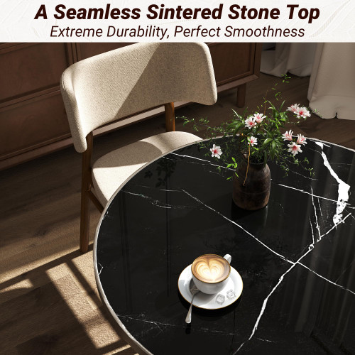 31.5" Tulip Table,Round Kitchen Dining Table for 2-4 with Thick Sintered Stone Top,Titanium Golden Pedestal Base,Heat-Resistant,Bistro Table for Dining Room,Café,Small Space（Silent Pulse）