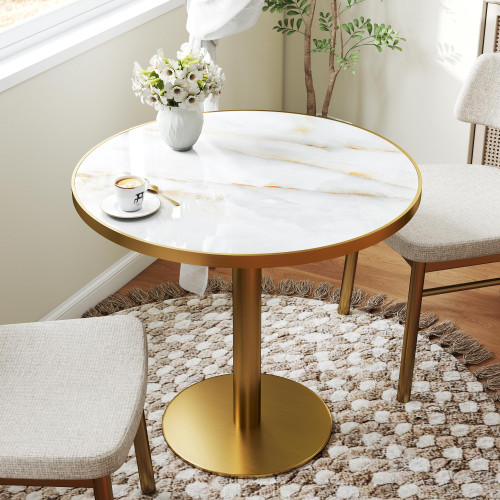 31.5" Tulip Table,Round Kitchen Dining Table for 2-4 with Thick Sintered Stone Top,Titanium Golden Pedestal Base,Heat-Resistant,Bistro Table for Dining Room,Café,Small Space（Sunrise Strings）