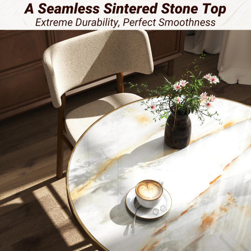 31.5" Tulip Table,Round Kitchen Dining Table for 2-4 with Thick Sintered Stone Top,Titanium Golden Pedestal Base,Heat-Resistant,Bistro Table for Dining Room,Café,Small Space（Sunrise Strings）