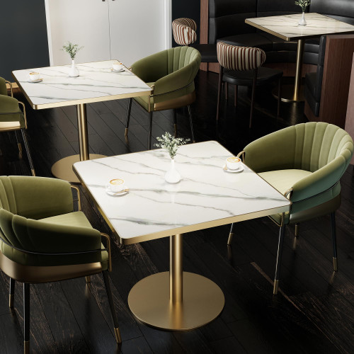31.5" Tulip Table,Square Kitchen Dining Table for 2-4 with Thick Sintered Stone Top,Titanium Golden Pedestal Base,Heat-Resistant,Bistro Table for Dining Room,Café,Small Space（Flowing Traces）