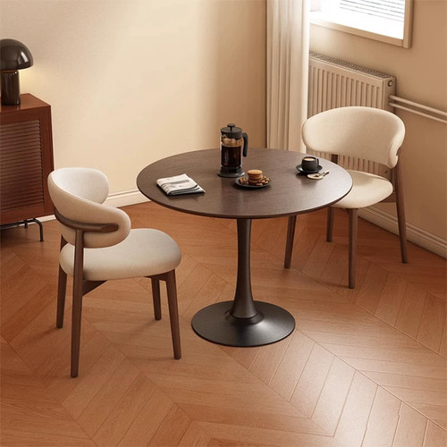 27.3" Round Tulip Dining Table for 2-4 People with Walnut Top and Black Metal Pedestal Base, Mid-Century Modern Small Space Table for Kitchen, Living Room, Cafe