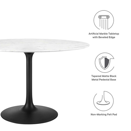 47" Round Artificial Marble Dining Table, Top, Black Base