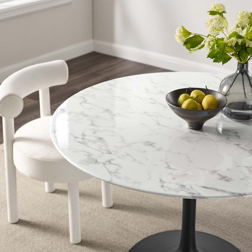 47" Round Artificial Marble Dining Table, Top, Black Base