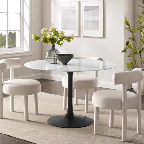 47" Round Artificial Marble Dining Table, Top, Black Base