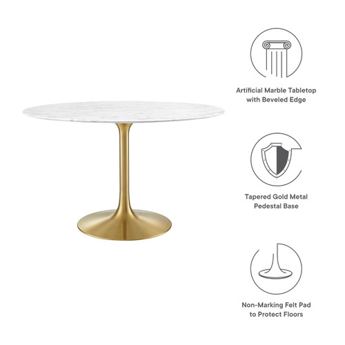 47" Mid-Century Dining Table with Round Artificial Marble Top in Gold White