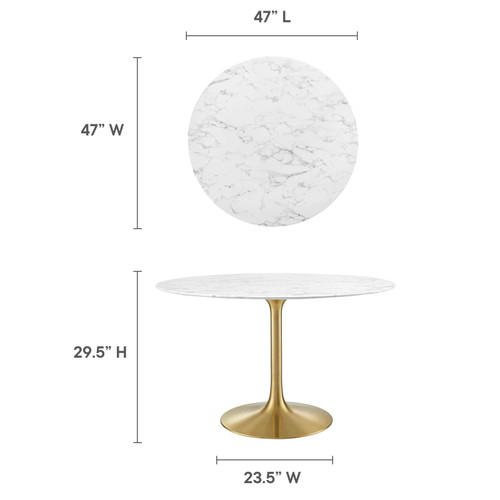47" Mid-Century Dining Table with Round Artificial Marble Top in Gold White
