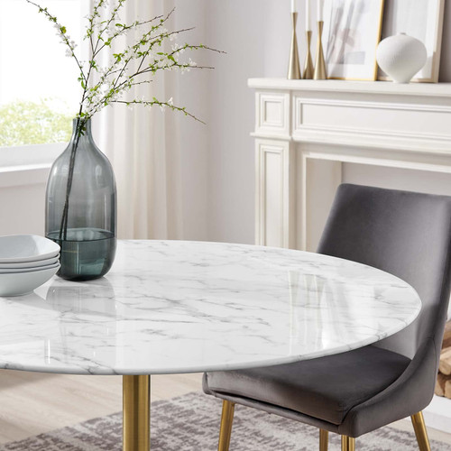 47" Mid-Century Dining Table with Round Artificial Marble Top in Gold White