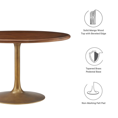 48 Inch Round Wood Dining Table with Metal Pedestal in Brass Walnut - Modern Industrial Dining Table for 4 People - Solid Wood Tulip Kitchen Table