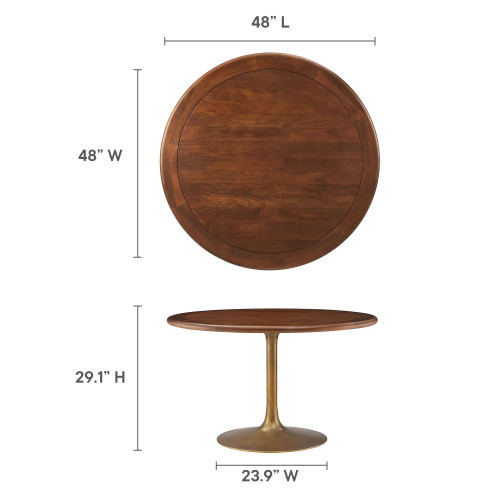 48 Inch Round Wood Dining Table with Metal Pedestal in Brass Walnut - Modern Industrial Dining Table for 4 People - Solid Wood Tulip Kitchen Table