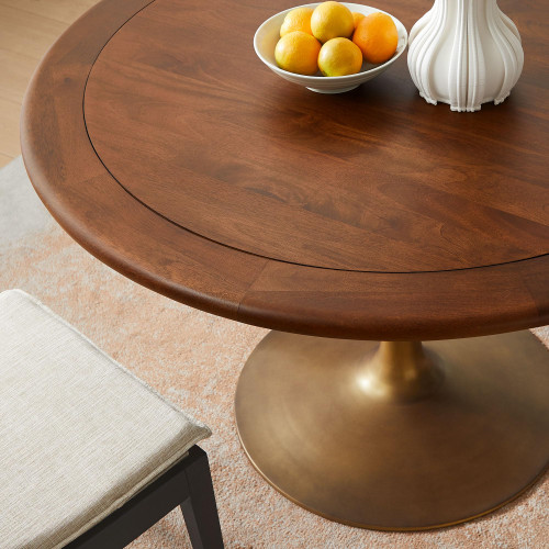 48 Inch Round Wood Dining Table with Metal Pedestal in Brass Walnut - Modern Industrial Dining Table for 4 People - Solid Wood Tulip Kitchen Table