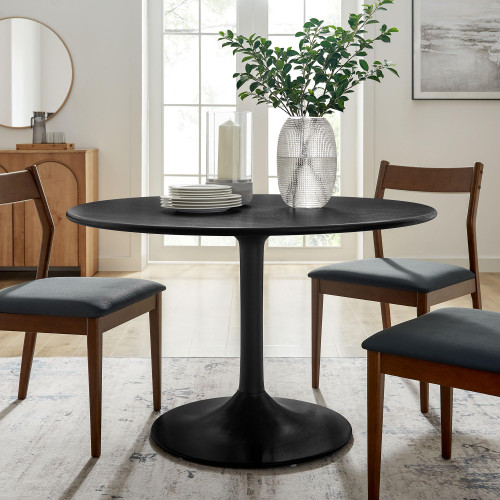 48 Inch Round Wood Dining Table in Black – Solid Mango Wood Tabletop with Pedestal Base - Mid Century Modern Dining Room Furniture - Kitchen Table for 4-6 Person