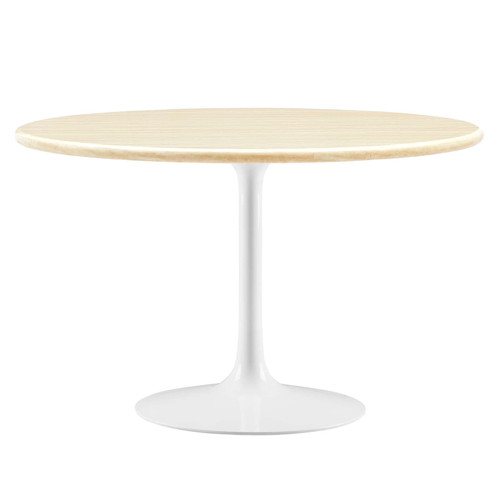 48" Round Artificial Dining Table with Tapered, Metal Base, White Travertine