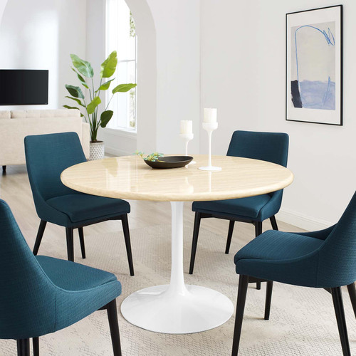 48" Round Artificial Dining Table with Tapered, Metal Base, White Travertine
