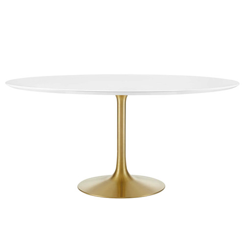 60" Mid-Century Modern Dining Table with Round White Top and Pedestal Base in Gold White